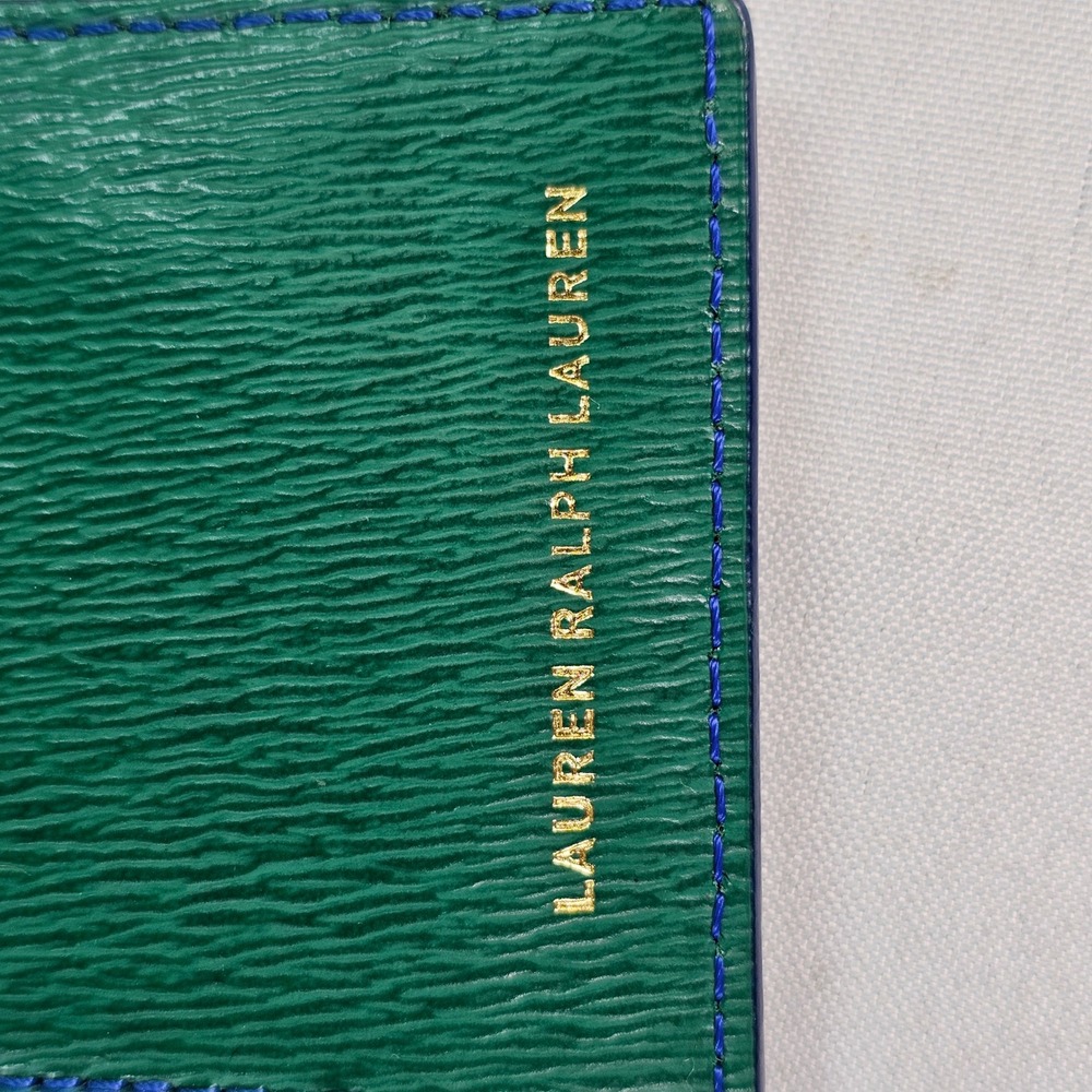 Lauren Ralph Lauren Green Textured Leather Slim Bifold Wallet Blue Stitching - Picture 10 of 10